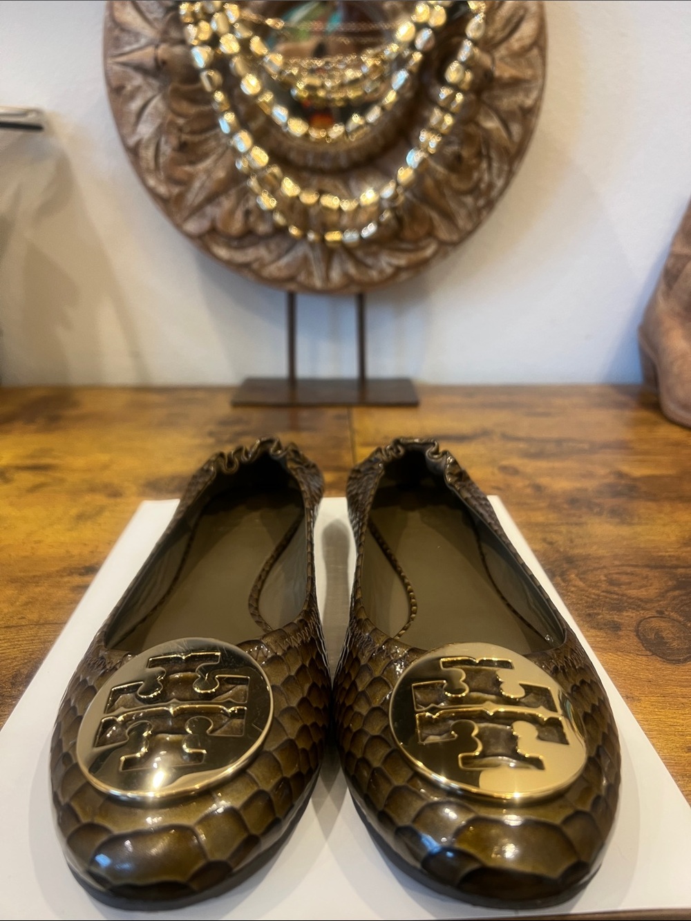 Tory Burch Olive Green Snake Print Flats with large logo medallion